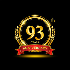 93th Anniversary logo. Golden anniversary logo design with laurel wreath and red ribbon. Logo Vector Illustration