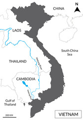 Map of Vietnam includes regions, Mekong River basin, Tonle Sap Lake, and borderline countries: Thailand, Cambodia, Southern China sea, and Laos. 