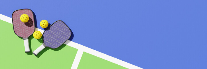 Rackets and ball pickleball on the court. Banner copy space 3d rendering