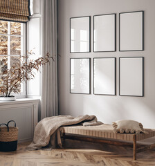 Fototapeta Mock up poster frame in modern beige home interior, Scandinavian style, 3d render obraz