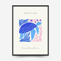 Underwater world, ocean, sea, fish and shells vertical flyer or poster template. Modern trendy Matisse minimal style. Hand drawn design for wallpaper, wall decor, print, postcard, cover, template