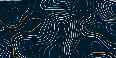 Orange, blue and white wavy abstract topographic map contour, lines Pattern background. Topographic map and landscape terrain texture grid. Wavy banner and color geometric form. Vector illustration.