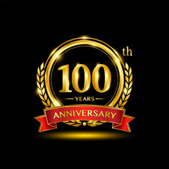 100th Anniversary logo. Golden anniversary logo design with laurel wreath and red ribbon. Logo Vector Illustration