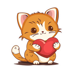 Cute kitten holding a heart in its paws, valentine, sticker, print, flat vector illustration.