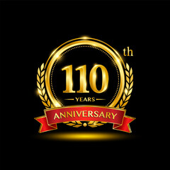 110th Anniversary logo. Golden anniversary logo design with laurel wreath and red ribbon. Logo Vector Illustration