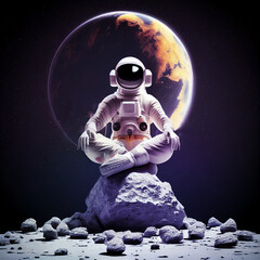 3D illustration of science fiction space suited figure in yoga lotus pose on small asteroid in outer space. Astronaut meditating on moon with Earth view. Retrowave. Generative Ai
