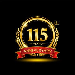 115th Anniversary logo. Golden anniversary logo design with laurel wreath and red ribbon. Logo Vector Illustration