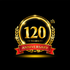 120th Anniversary logo. Golden anniversary logo design with laurel wreath and red ribbon. Logo Vector Illustration