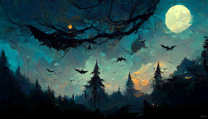 halloween forest theme bat flying moonlight illustration Generative AI Content by Midjourney