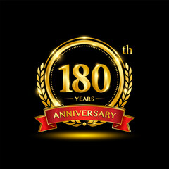 180th Anniversary logo. Golden anniversary logo design with laurel wreath and red ribbon. Logo Vector Illustration