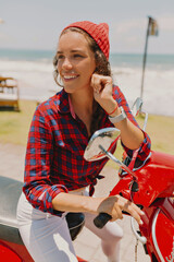 close up outdoor photo of lovely cute charming girl with wavy hair wearing striped shirt, white...