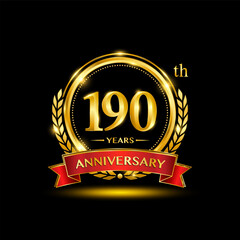 190th Anniversary logo. Golden anniversary logo design with laurel wreath and red ribbon. Logo Vector Illustration