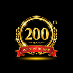 200th Anniversary logo. Golden anniversary logo design with laurel wreath and red ribbon. Logo Vector Illustration