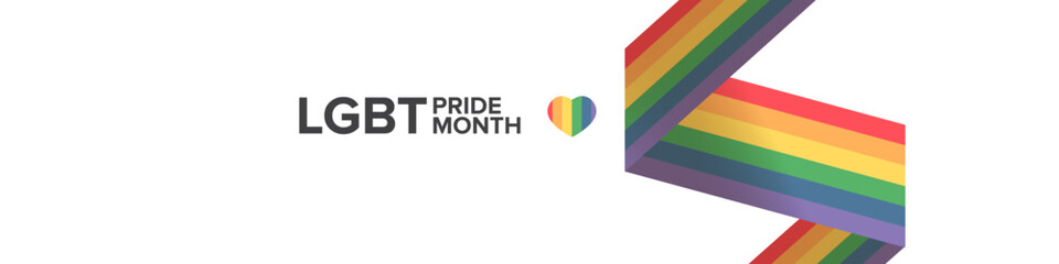 Happy pride month horizontal banner with pride color striped ribbon flag isolated on white background. LGBT Pride month or pride day poster, flyer, invitation party card modern style design template.