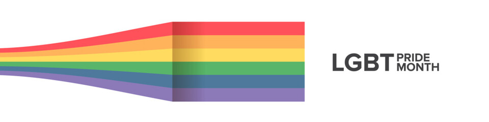 Happy pride month horizontal banner with pride color striped ribbon flag isolated on white background. LGBT Pride month or pride day poster, flyer, invitation party card modern style design template.
