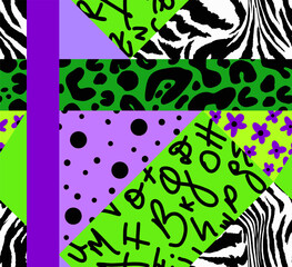 Fototapeta premium Abstract Hand Drawing Retro Leopard Zebra Animal Skin Shapes Dots Letters Flowers Seamless Geometric Patchwork Vector Pattern Isolated Background