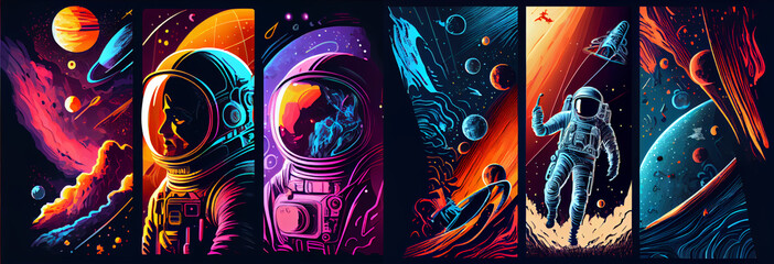 A set of space art illustrations. Posters and backgrounds about the space and the universe. Space odyssey, space, astronaut, planets. Generative Ai.