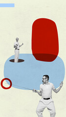 Contemporary art collage. Two stylish men, friends fighting with swords. Retro fencers over light...