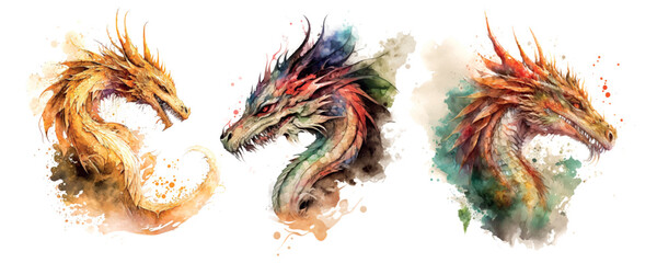 Chinese red Dragon set vector hand drawn watercolor illustration sketch for decorative design of Asian culture celebrations, traditional holidays banners, greeting cards, fashion background and