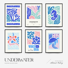 Underwater world, ocean, sea, fish and shells vertical flyer or poster template. Modern trendy Matisse minimal style. Hand drawn design for wallpaper, wall decor, print, postcard, cover, template
