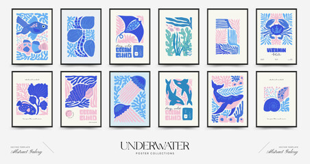 Underwater world, ocean, sea, fish and shells vertical flyer or poster template. Modern trendy Matisse minimal style. Hand drawn design for wallpaper, wall decor, print, postcard, cover, template