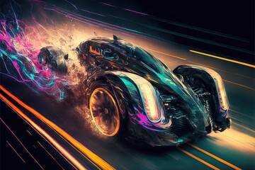 cyberpunk supercar on high speed blurred motion, creative light trails generative art Generative AI