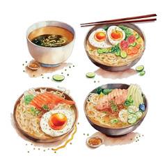 watercolor set Ramen bowl noodles vector culture japan