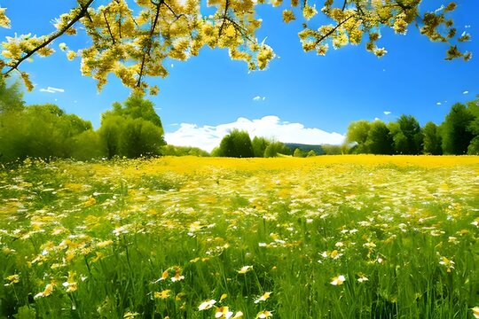 A Transcendent Spring Day: A Blurry Nature Scene of Glowing Chamomile, Trees, and Blue Sky