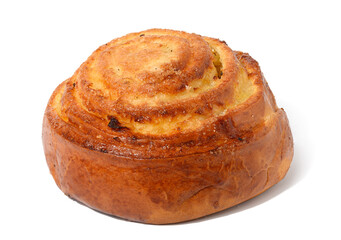 Round cinnamon bun on a white isolated background