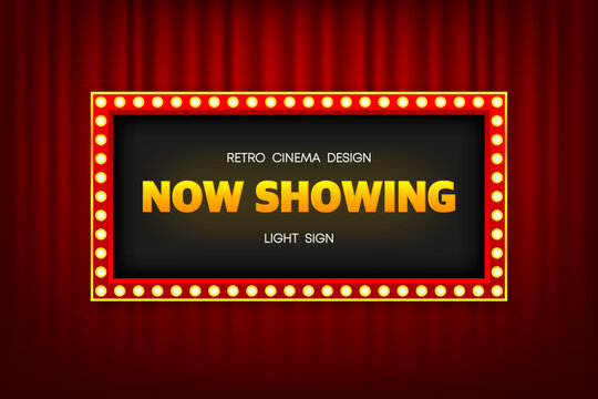 Now Showing in Retro lightbox with light bulbs on a silky luxury curtain stage. Vintage theater signboard mockup. Red commercial announcement banner. Vector illustration.