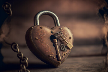 Heart-shaped padlock with key on wooden table. Key to your heart concept.  - obrazy, fototapety, plakaty