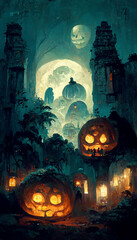 Fototapeta na wymiar Mayan style halloween theme pumpkins ghosts in the dark night illustration Generative AI Content by Midjourney
