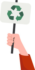 Hand holding signboard with recycling symbol flat icon