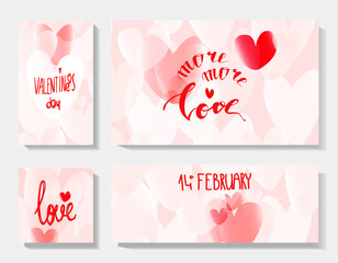 Set of Valentine's Day cards with phrases of love and hearts in doodle style in shades of pale pink and red.