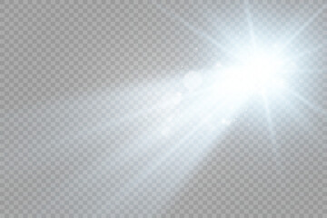 Special lens flash, light effect. The flash flashes rays and searchlight. illust.White glowing light. Beautiful star Light from the rays. The sun is backlit. Bright beautiful star. Sunlight. Glare.
