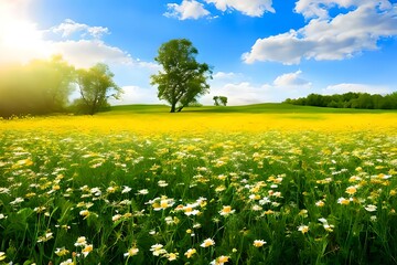 A Sun-Kissed Spring Glade: Blurry Nature Scene with Blooming Chamomile