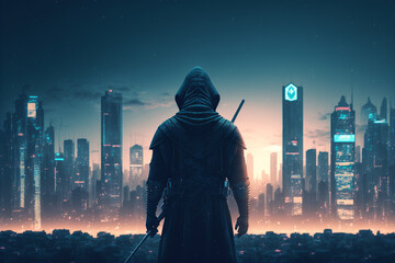 A Ninja standing in front of a city at night, Generative AI