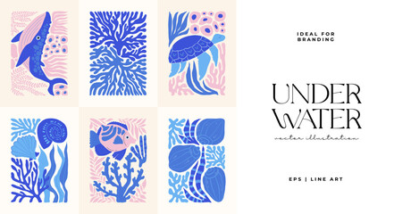 Fototapeta na wymiar Underwater world, ocean, sea, fish and shells vertical flyer or poster template. Modern trendy Matisse minimal style. Hand drawn design for wallpaper, wall decor, print, postcard, cover, template