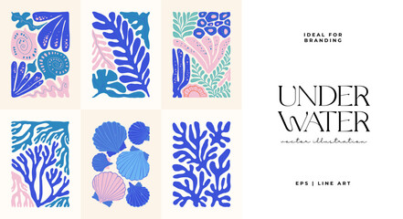 Underwater world, ocean, sea, fish and shells vertical flyer or poster template. Modern trendy Matisse minimal style. Hand drawn design for wallpaper, wall decor, print, postcard, cover, template