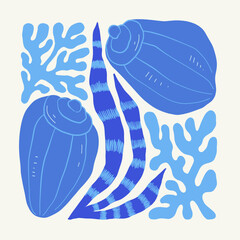 Underwater world, ocean, sea, fish and shells vertical flyer or poster template. Modern trendy Matisse minimal style. Hand drawn design for wallpaper, wall decor, print, postcard, cover, template