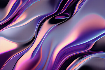 Iridescent liquid metal surface with ripples. 3d illustration. Abstract fluorescent background. Fluid neon leak backdrop. Decoration for futuristic design.Generative Ai.