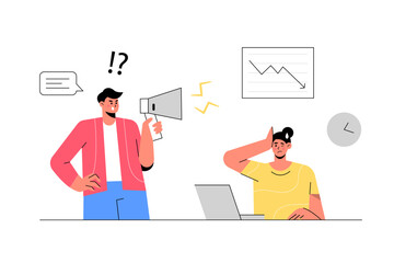 Big isolated employee working in office interior workplace flat vector illustration, cheering success, thinking new, problem solving,  business theme