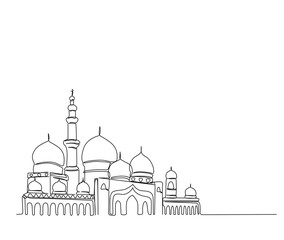 Continuous one line drawing of Mosque. Simple illustration of islamic ornament line art vector illustration.