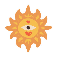 Groovy, mystic retro-style folk sun character with a third eye, and hearts. Love, peace, and happiness symbol.