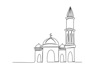 Continuous one line drawing of Mosque. Simple illustration of islamic ornament line art vector illustration.