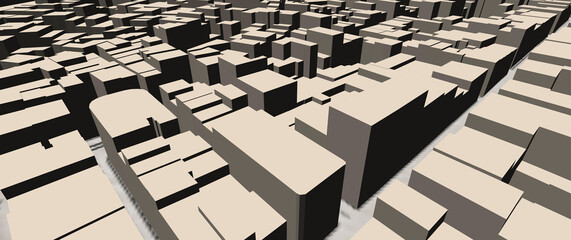 Urbanisme et territoire - Rendu 3d d'une plan cadastral  avec bâtiments 3d du centre-ville d'une métropole et délimitation des parcelles