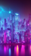 Plakat cyberpunk city at night purple and blue tones generative ai