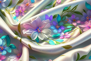background fabric twisted interlaced with folds on the whole background of delicate colors with flowers Generative AI