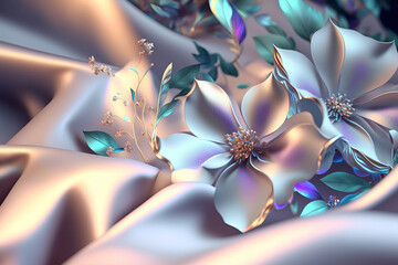 background fabric twisted interlaced with folds on the whole background of delicate colors with flowers Generative AI