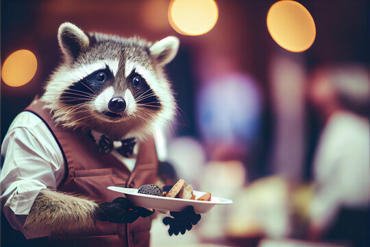 Raccoon waiter. A funny raccoon dressed as a waiter stands against the backdrop of the interior of the restaurant.